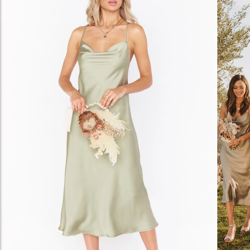 Show Me Your Mumu Verona Cowl Dress Moss Green Luxe Satin